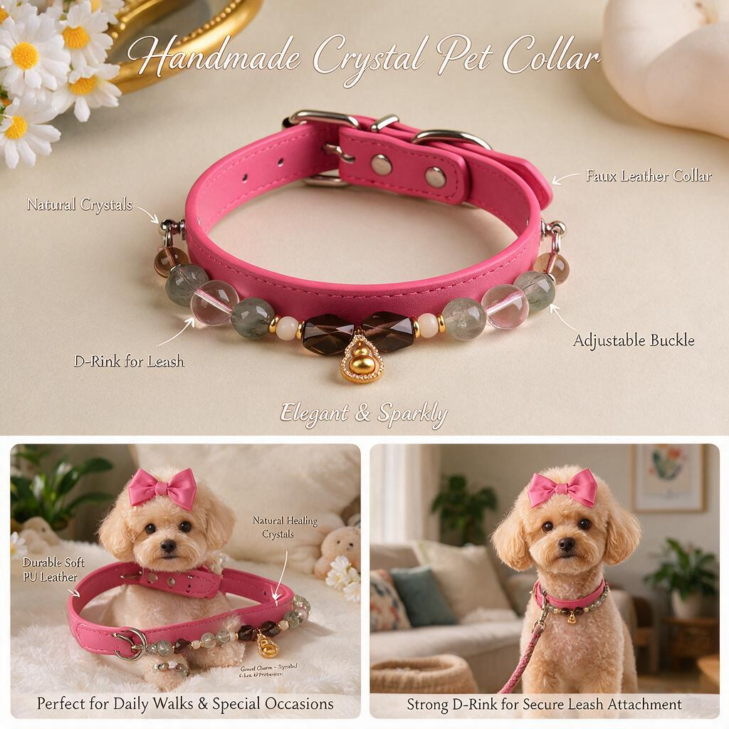 Handmade Natural Crystal Leather Pet Collar for Cats & Dogs | Durable & Stylish Inlaid Genuine Crystal, Calms Anxious Pets & Creates Peaceful Mood, Unique Gift for Small & Medium Sized Dogs and Cats