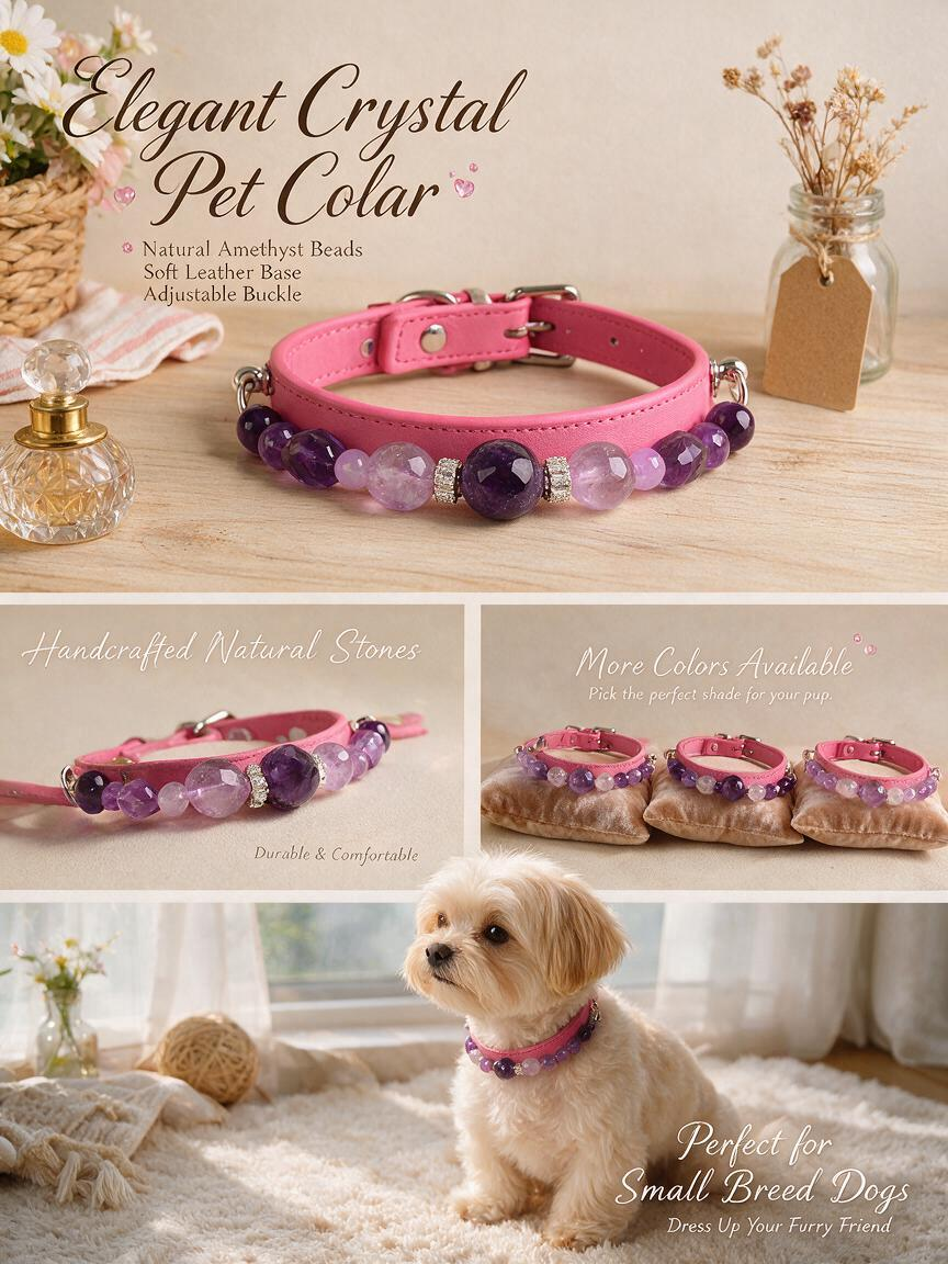 Handmade Natural Crystal Leather Pet Collar for Cats & Dogs | Durable & Stylish Inlaid Genuine Crystal, Calms Anxious Pets & Creates Peaceful Mood, Unique Gift for Small & Medium Sized Dogs and Cats