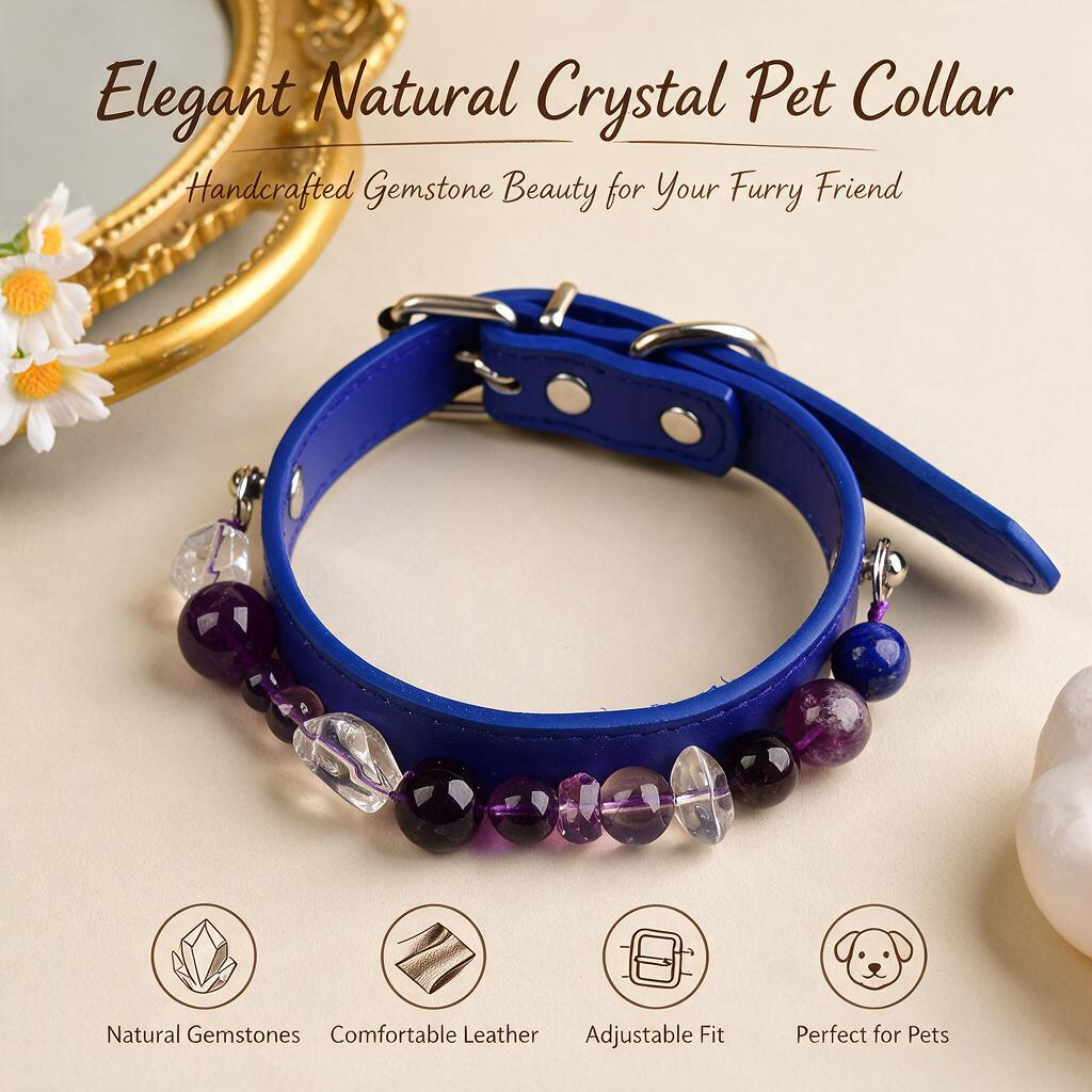 Handmade Natural Crystal Leather Pet Collar for Cats & Dogs | Durable & Stylish Inlaid Genuine Crystal, Calms Anxious Pets & Creates Peaceful Mood, Unique Gift for Small & Medium Sized Dogs and Cats