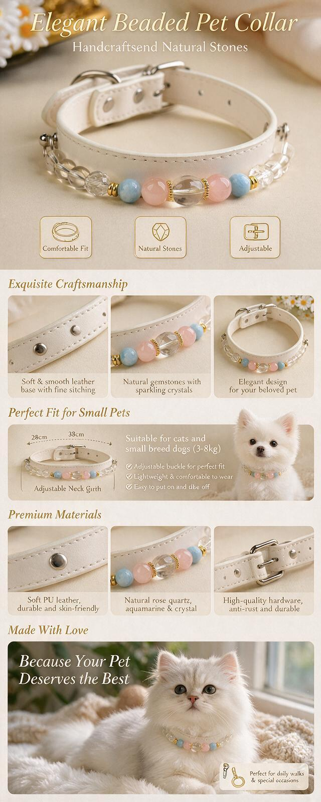 Handmade Natural Crystal Leather Pet Collar for Cats & Dogs | Durable & Stylish Inlaid Genuine Crystal, Calms Anxious Pets & Creates Peaceful Mood, Unique Gift for Small & Medium Sized Dogs and Cats