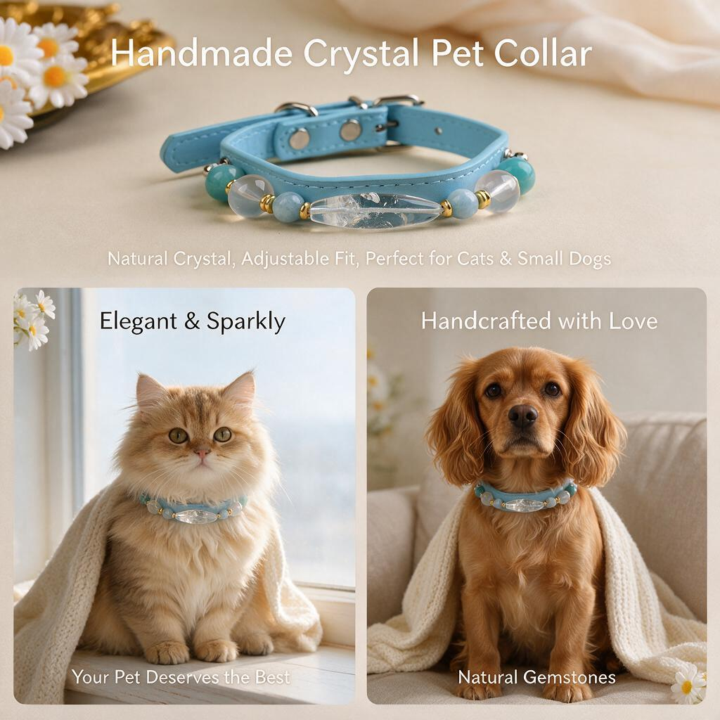 Handmade Natural Crystal Leather Pet Collar for Cats & Dogs | Durable & Stylish Inlaid Genuine Crystal, Calms Anxious Pets & Creates Peaceful Mood, Unique Gift for Small & Medium Sized Dogs and Cats