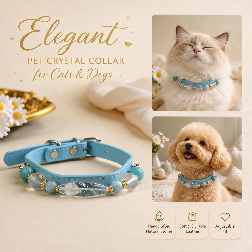 Handmade Natural Crystal Leather Pet Collar for Cats & Dogs | Durable & Stylish Inlaid Genuine Crystal, Calms Anxious Pets & Creates Peaceful Mood, Unique Gift for Small & Medium Sized Dogs and Cats