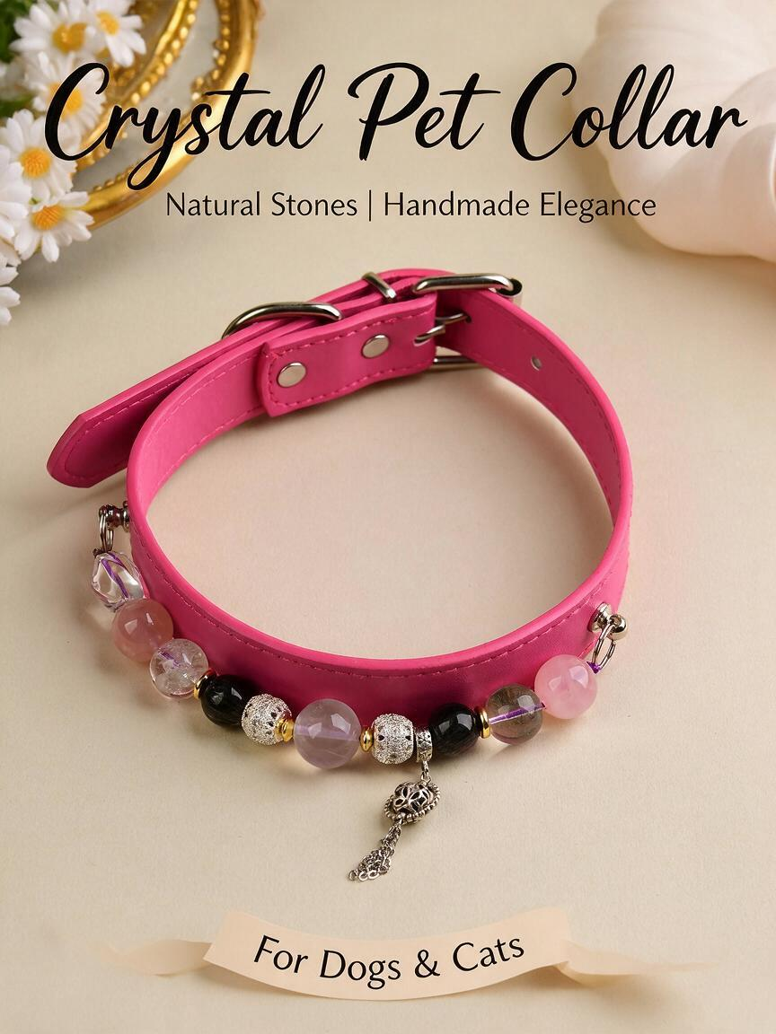 Handmade Natural Crystal Leather Pet Collar for Cats & Dogs | Durable & Stylish Inlaid Genuine Crystal, Calms Anxious Pets & Creates Peaceful Mood, Unique Gift for Small & Medium Sized Dogs and Cats