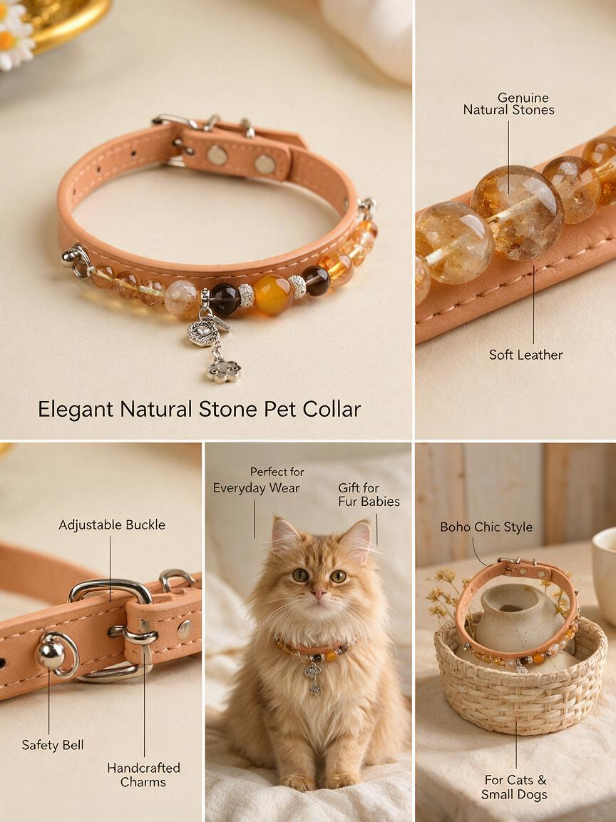 Handmade Natural Crystal Leather Pet Collar for Cats & Dogs | Durable & Stylish Inlaid Genuine Crystal, Calms Anxious Pets & Creates Peaceful Mood, Unique Gift for Small & Medium Sized Dogs and Cats