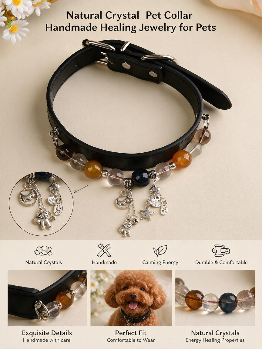 Handmade Natural Crystal Leather Pet Collar for Cats & Dogs | Durable & Stylish Inlaid Genuine Crystal, Calms Anxious Pets & Creates Peaceful Mood, Unique Gift for Small & Medium Sized Dogs and Cats