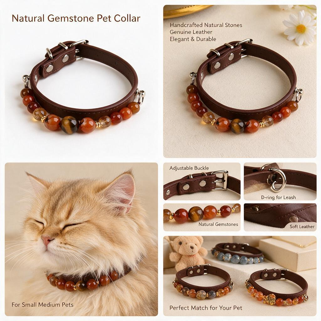 Handmade Natural Crystal Leather Pet Collar for Cats & Dogs | Durable & Stylish Inlaid Genuine Crystal, Calms Anxious Pets & Creates Peaceful Mood, Unique Gift for Small & Medium Sized Dogs and Cats