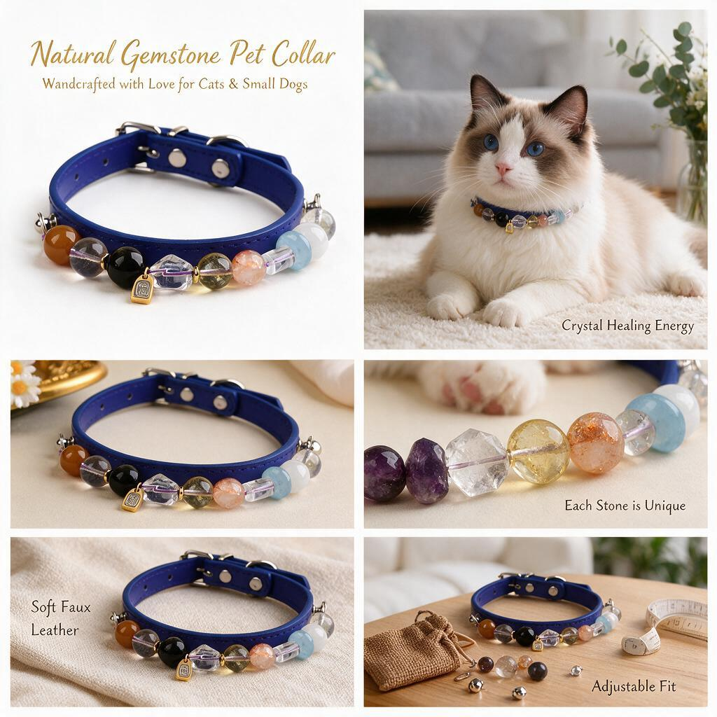 Handmade Natural Crystal Leather Pet Collar for Cats & Dogs | Durable & Stylish Inlaid Genuine Crystal, Calms Anxious Pets & Creates Peaceful Mood, Unique Gift for Small & Medium Sized Dogs and Cats