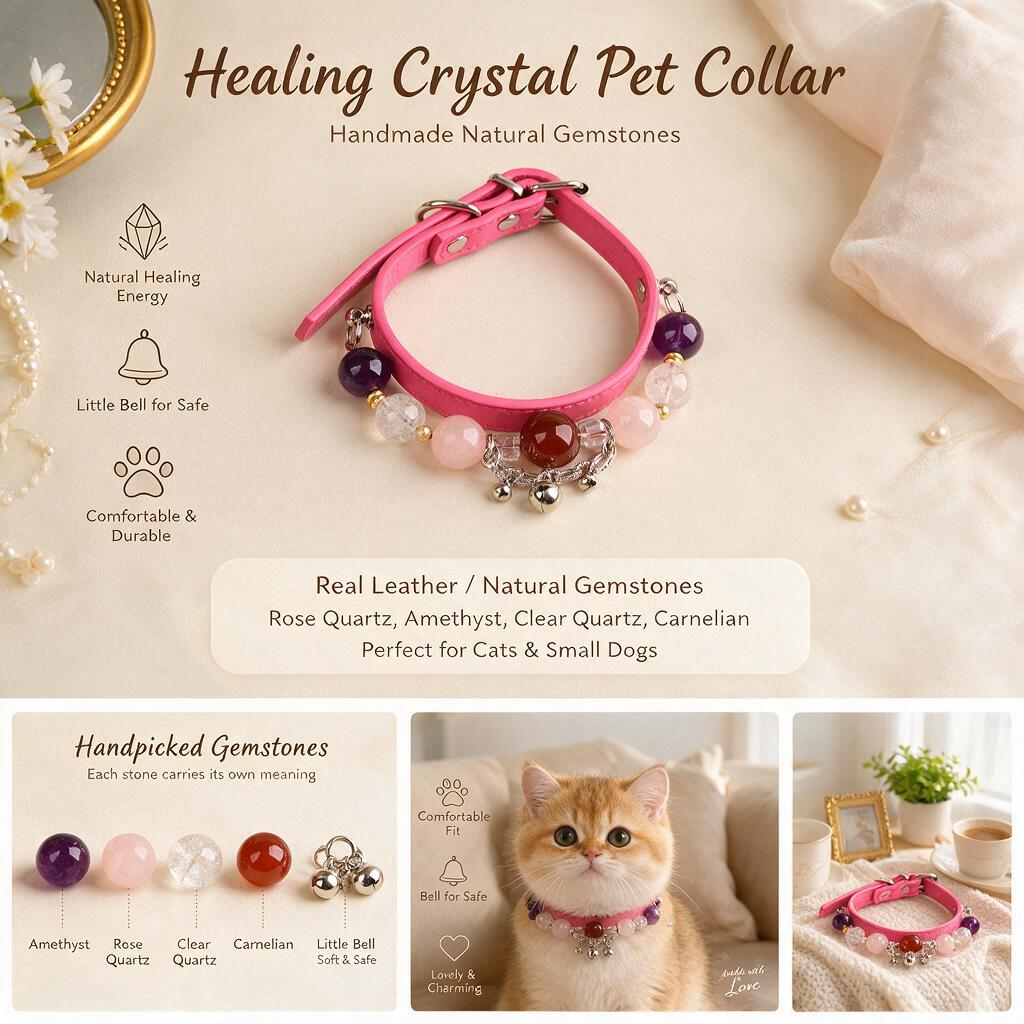 Handmade Natural Crystal Leather Pet Collar for Cats & Dogs | Durable & Stylish Inlaid Genuine Crystal, Calms Anxious Pets & Creates Peaceful Mood, Unique Gift for Small & Medium Sized Dogs and Cats