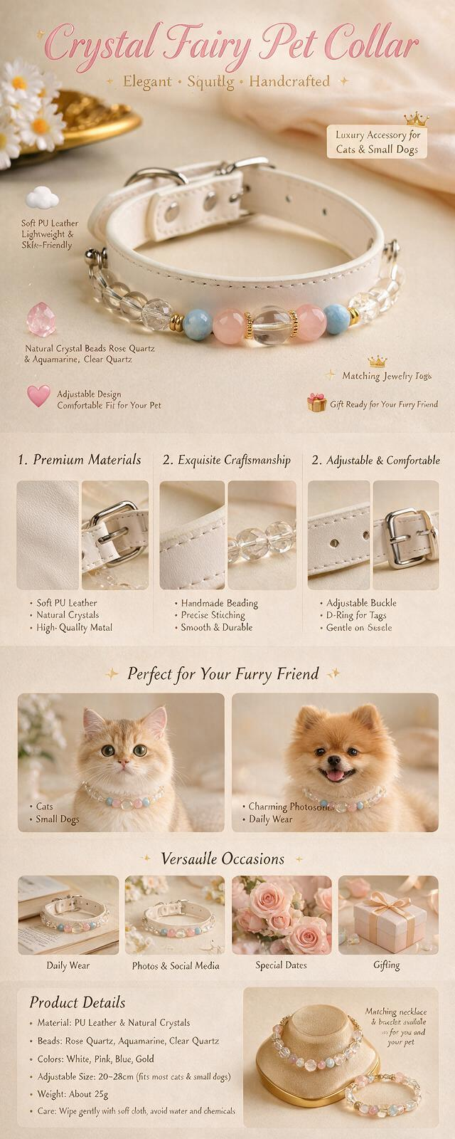 Handmade Natural Crystal Leather Pet Collar for Cats & Dogs | Durable & Stylish Inlaid Genuine Crystal, Calms Anxious Pets & Creates Peaceful Mood, Unique Gift for Small & Medium Sized Dogs and Cats