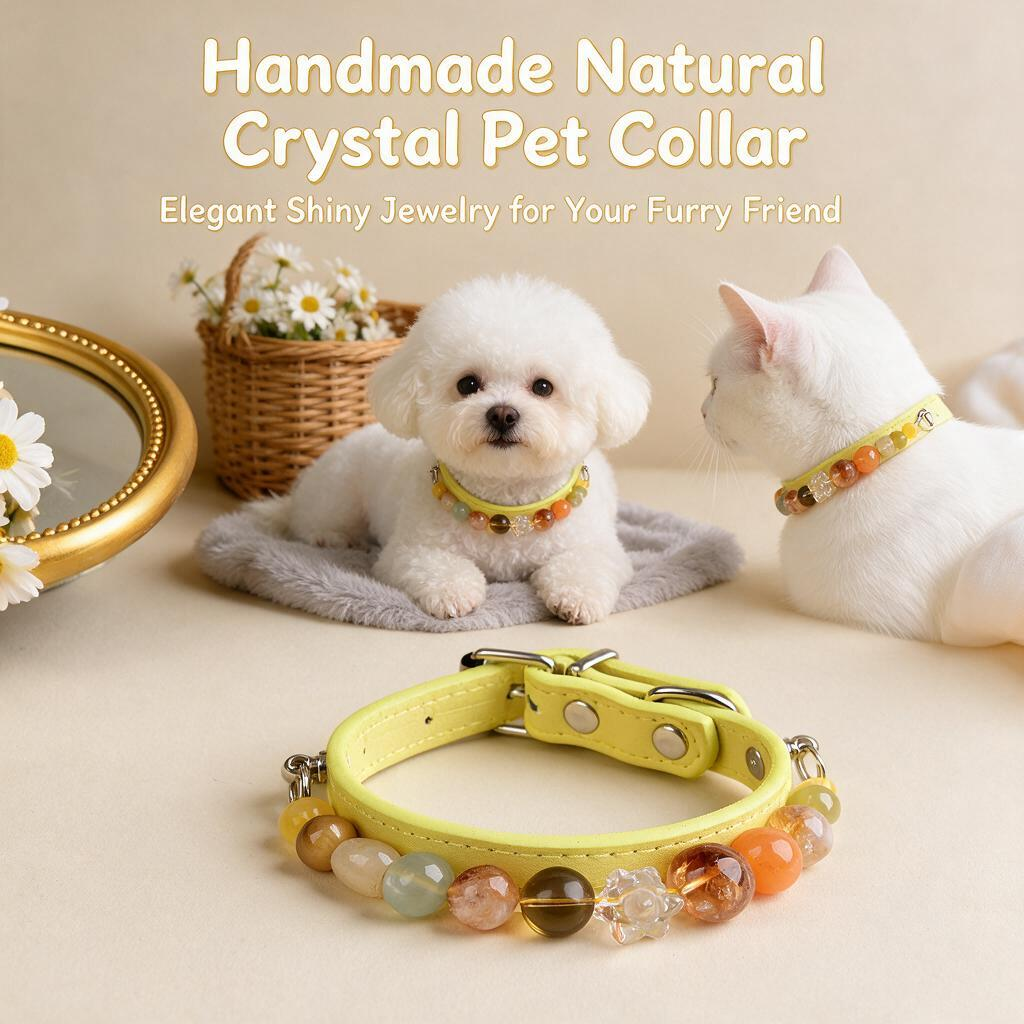 Handmade Natural Crystal Leather Pet Collar for Cats & Dogs | Durable & Stylish Inlaid Genuine Crystal, Calms Anxious Pets & Creates Peaceful Mood, Unique Gift for Small & Medium Sized Dogs and Cats