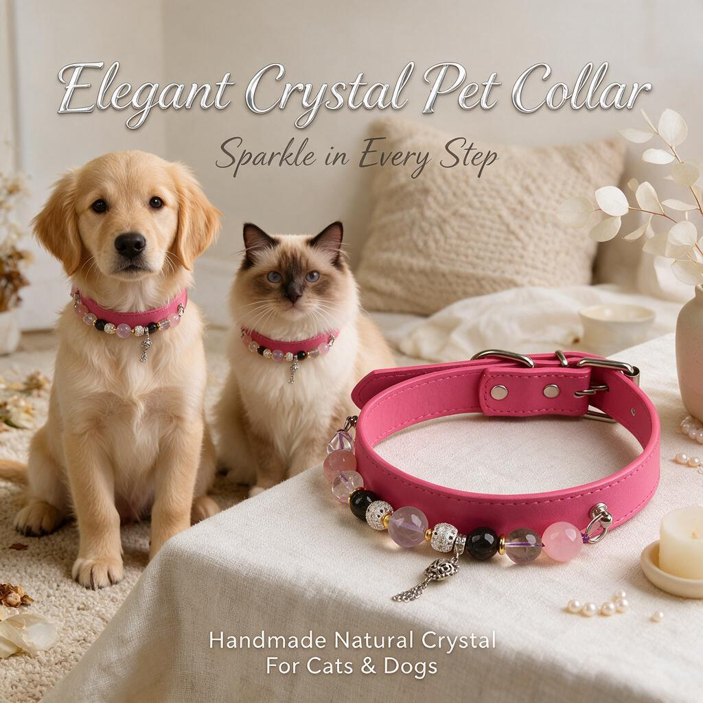 Handmade Natural Crystal Leather Pet Collar for Cats & Dogs | Durable & Stylish Inlaid Genuine Crystal, Calms Anxious Pets & Creates Peaceful Mood, Unique Gift for Small & Medium Sized Dogs and Cats