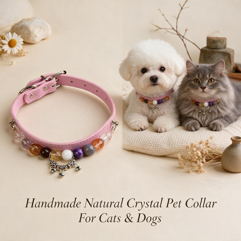 Handmade Natural Crystal Leather Pet Collar for Cats & Dogs | Durable & Stylish Inlaid Genuine Crystal, Calms Anxious Pets & Creates Peaceful Mood, Unique Gift for Small & Medium Sized Dogs and Cats