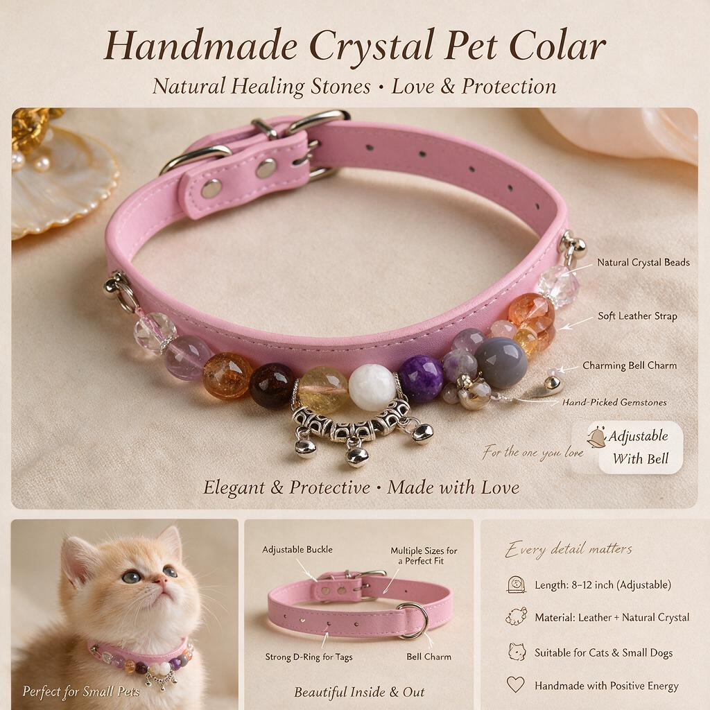 Handmade Natural Crystal Leather Pet Collar for Cats & Dogs | Durable & Stylish Inlaid Genuine Crystal, Calms Anxious Pets & Creates Peaceful Mood, Unique Gift for Small & Medium Sized Dogs and Cats