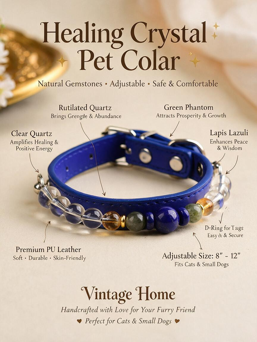 Handmade Natural Crystal Leather Pet Collar for Cats & Dogs | Durable & Stylish Inlaid Genuine Crystal, Calms Anxious Pets & Creates Peaceful Mood, Unique Gift for Small & Medium Sized Dogs and Cats