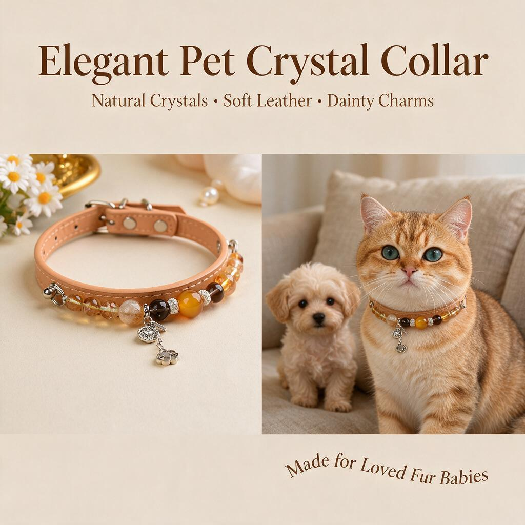Handmade Natural Crystal Leather Pet Collar for Cats & Dogs | Durable & Stylish Inlaid Genuine Crystal, Calms Anxious Pets & Creates Peaceful Mood, Unique Gift for Small & Medium Sized Dogs and Cats