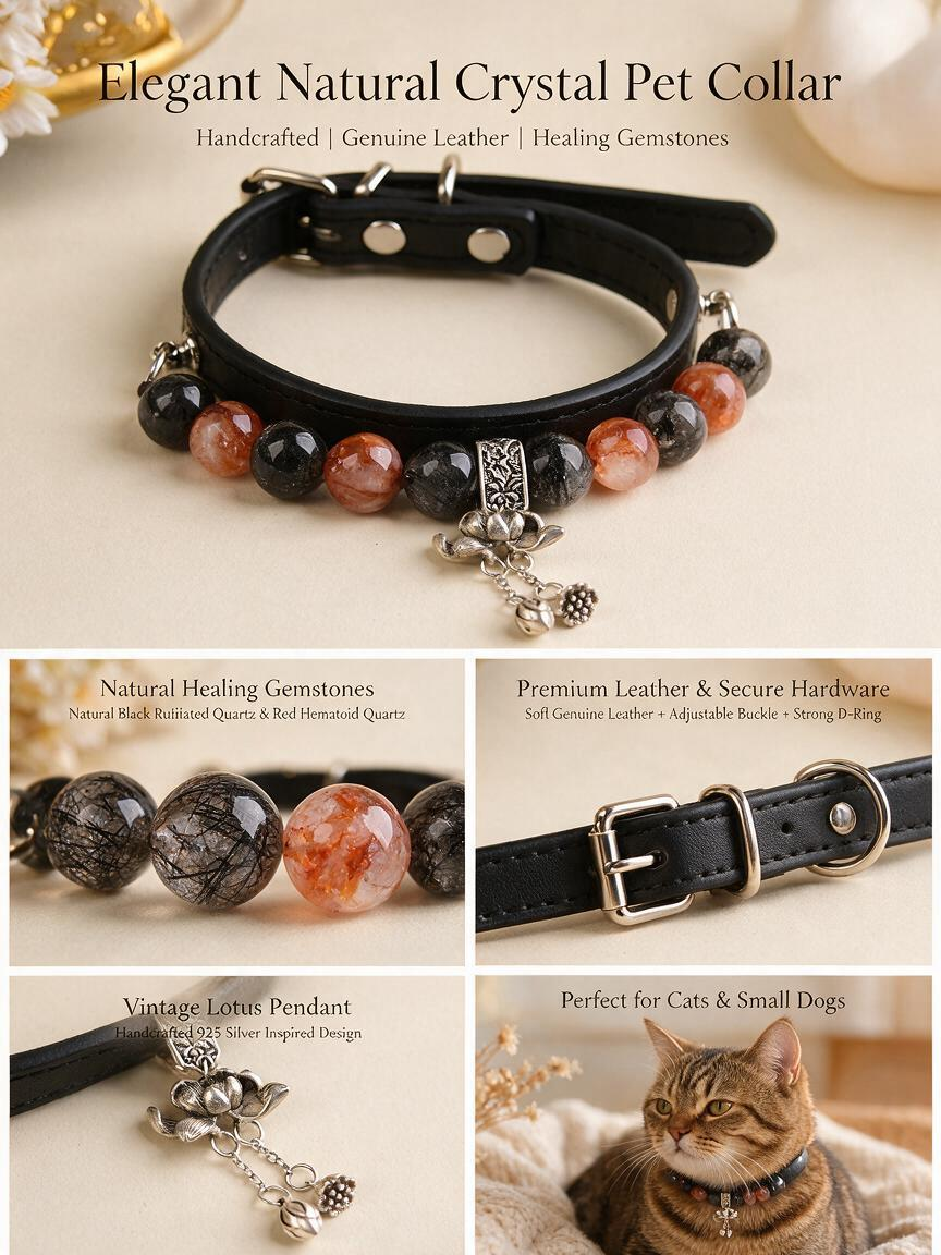 Handmade Natural Crystal Leather Pet Collar for Cats & Dogs | Durable & Stylish Inlaid Genuine Crystal, Calms Anxious Pets & Creates Peaceful Mood, Unique Gift for Small & Medium Sized Dogs and Cats
