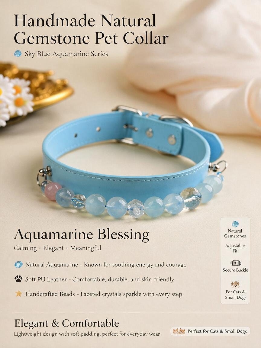 Handmade Natural Crystal Leather Pet Collar for Cats & Dogs | Durable & Stylish Inlaid Genuine Crystal, Calms Anxious Pets & Creates Peaceful Mood, Unique Gift for Small & Medium Sized Dogs and Cats