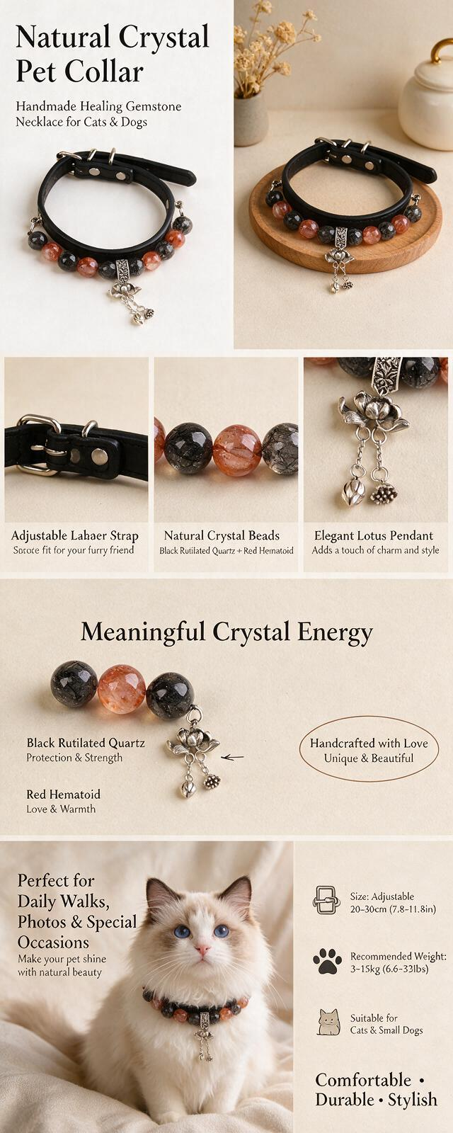 Handmade Natural Crystal Leather Pet Collar for Cats & Dogs | Durable & Stylish Inlaid Genuine Crystal, Calms Anxious Pets & Creates Peaceful Mood, Unique Gift for Small & Medium Sized Dogs and Cats