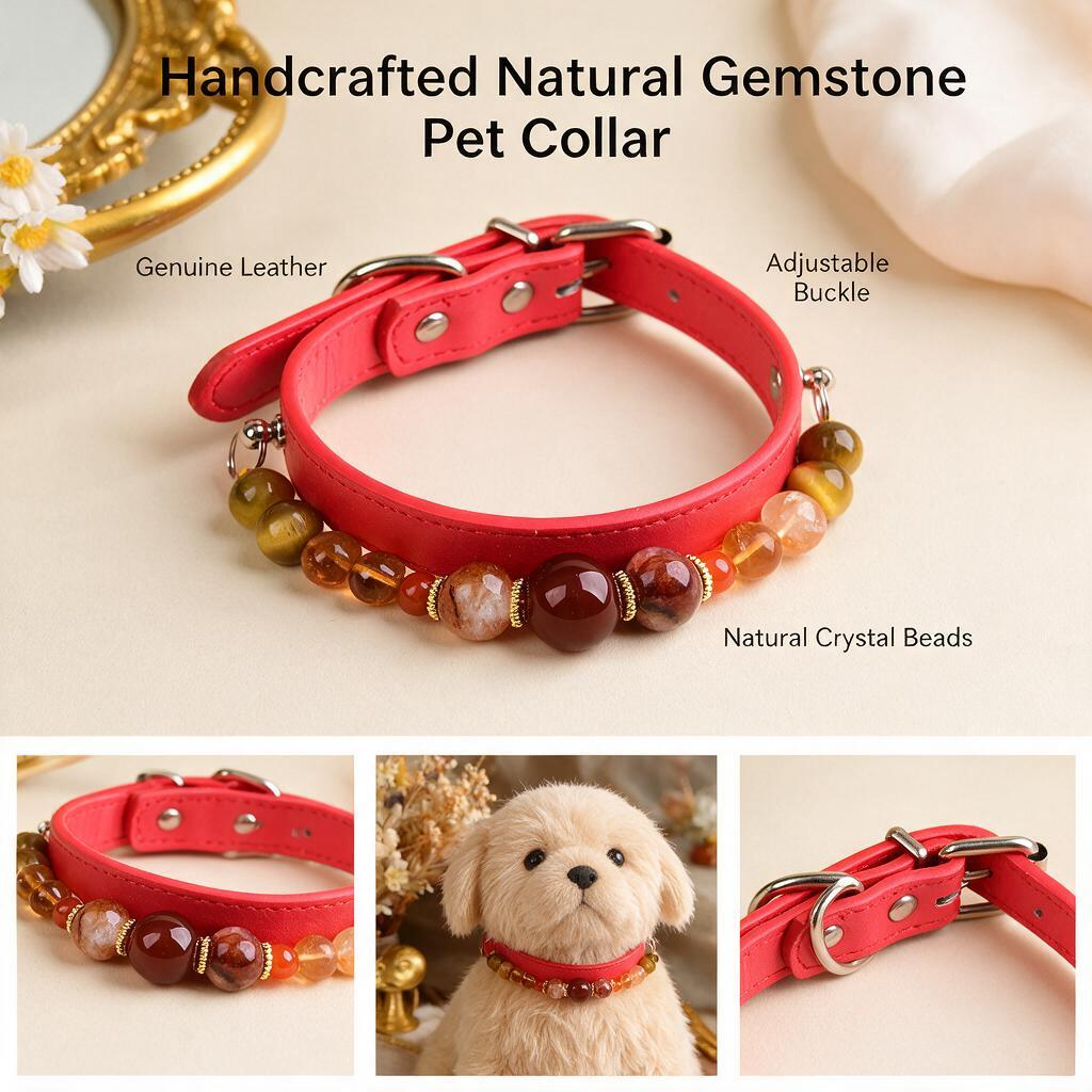 Handmade Natural Crystal Leather Pet Collar for Cats & Dogs | Durable & Stylish Inlaid Genuine Crystal, Calms Anxious Pets & Creates Peaceful Mood, Unique Gift for Small & Medium Sized Dogs and Cats