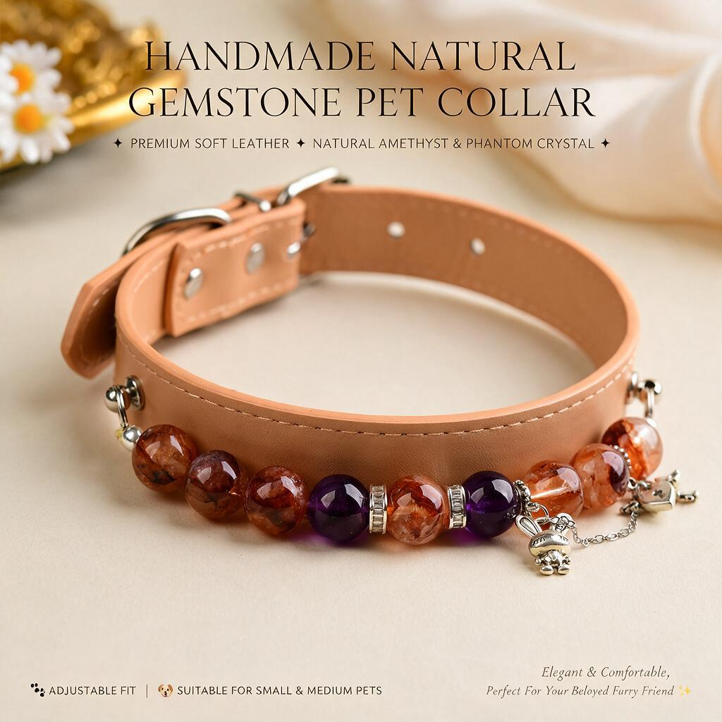 Handmade Natural Crystal Leather Pet Collar for Cats & Dogs | Durable & Stylish Inlaid Genuine Crystal, Calms Anxious Pets & Creates Peaceful Mood, Unique Gift for Small & Medium Sized Dogs and Cats