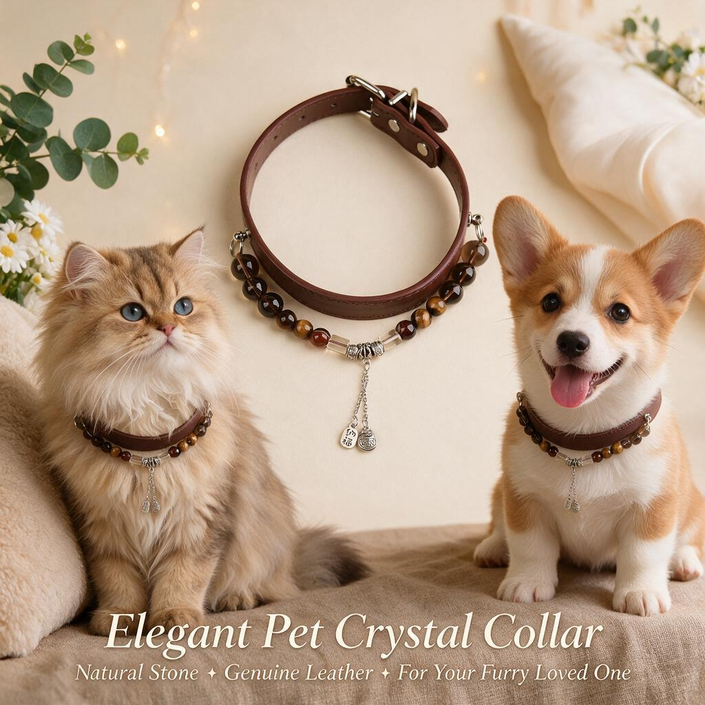 Handmade Natural Crystal Leather Pet Collar for Cats & Dogs | Durable & Stylish Inlaid Genuine Crystal, Calms Anxious Pets & Creates Peaceful Mood, Unique Gift for Small & Medium Sized Dogs and Cats