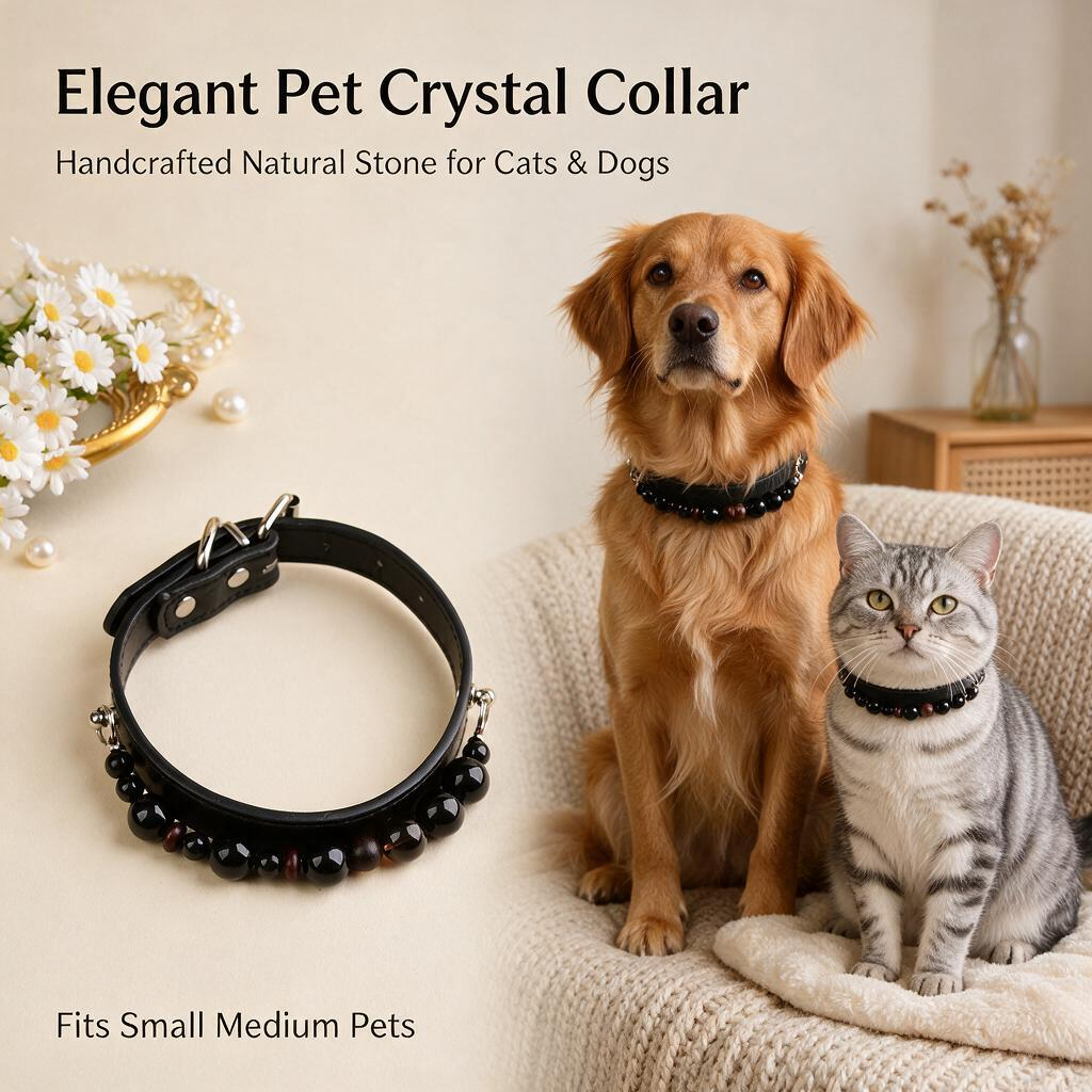 Handmade Natural Crystal Leather Pet Collar for Cats & Dogs | Durable & Stylish Inlaid Genuine Crystal, Calms Anxious Pets & Creates Peaceful Mood, Unique Gift for Small & Medium Sized Dogs and Cats