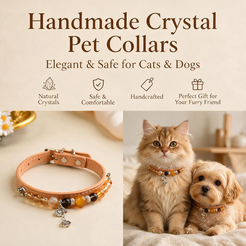 Handmade Natural Crystal Leather Pet Collar for Cats & Dogs | Durable & Stylish Inlaid Genuine Crystal, Calms Anxious Pets & Creates Peaceful Mood, Unique Gift for Small & Medium Sized Dogs and Cats