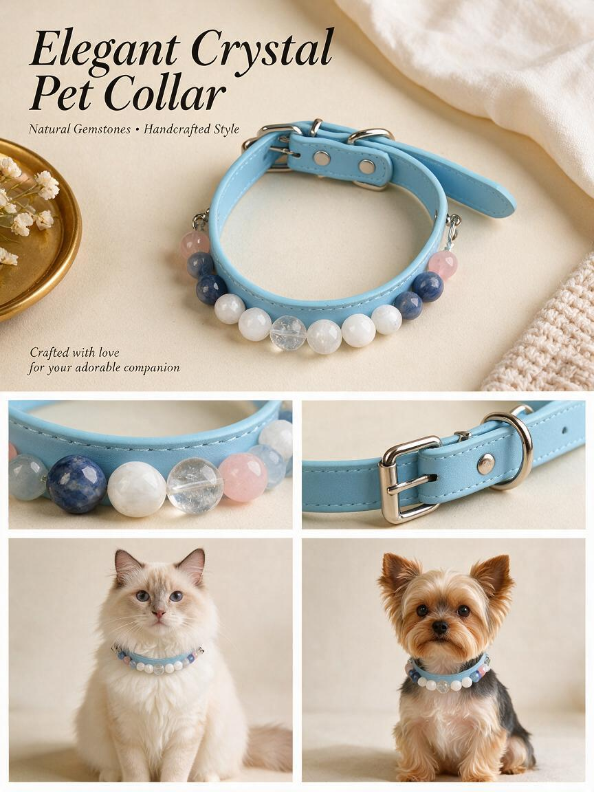 Handmade Natural Crystal Leather Pet Collar for Cats & Dogs | Durable & Stylish Inlaid Genuine Crystal, Calms Anxious Pets & Creates Peaceful Mood, Unique Gift for Small & Medium Sized Dogs and Cats