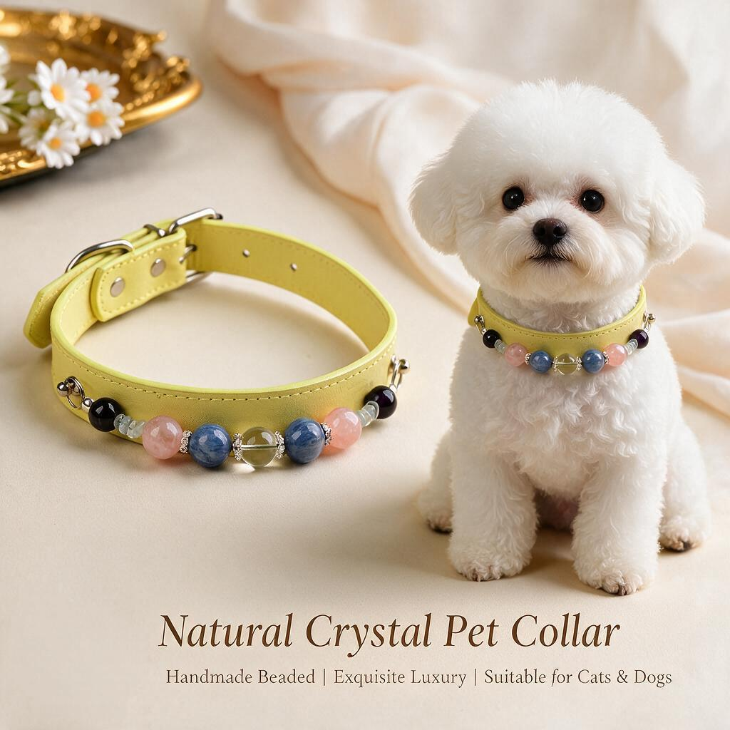 Handmade Natural Crystal Leather Pet Collar for Cats & Dogs | Durable & Stylish Inlaid Genuine Crystal, Calms Anxious Pets & Creates Peaceful Mood, Unique Gift for Small & Medium Sized Dogs and Cats