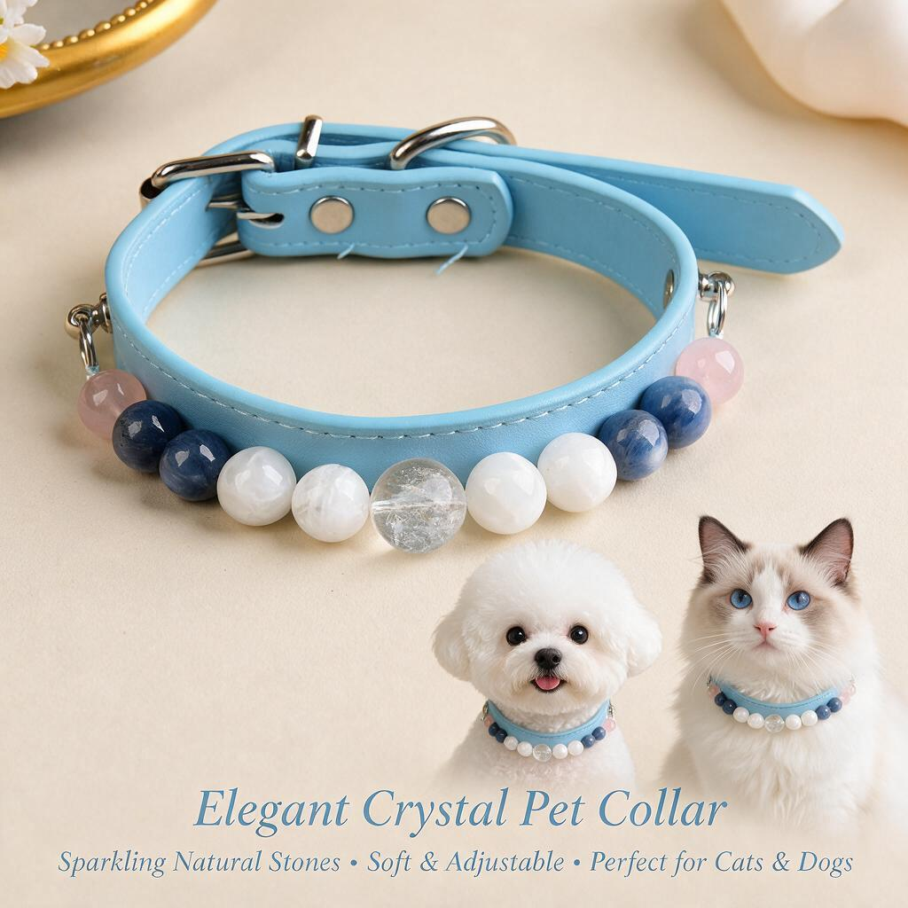 Handmade Natural Crystal Leather Pet Collar for Cats & Dogs | Durable & Stylish Inlaid Genuine Crystal, Calms Anxious Pets & Creates Peaceful Mood, Unique Gift for Small & Medium Sized Dogs and Cats