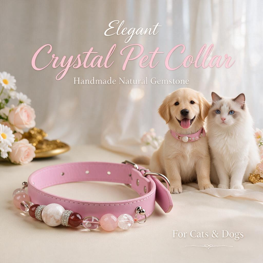Handmade Natural Crystal Leather Pet Collar for Cats & Dogs | Durable & Stylish Inlaid Genuine Crystal, Calms Anxious Pets & Creates Peaceful Mood, Unique Gift for Small & Medium Sized Dogs and Cats