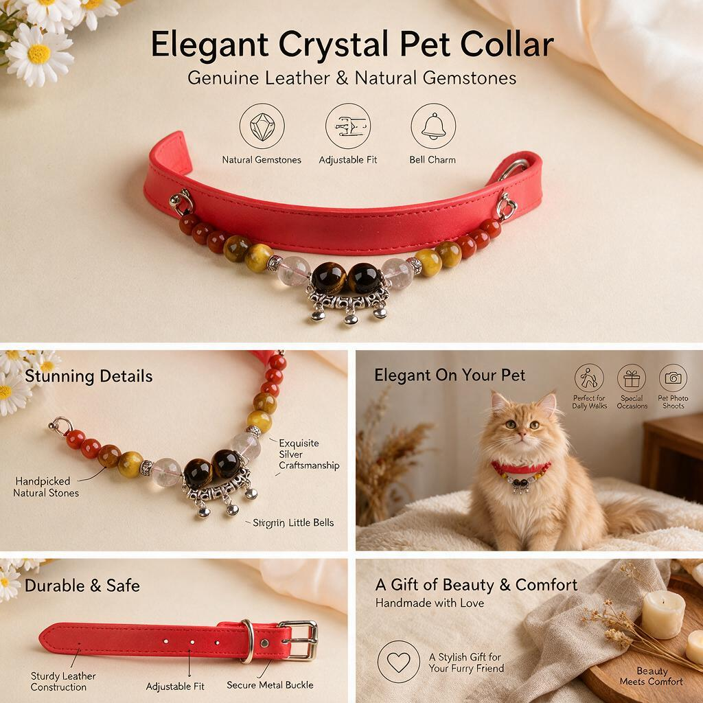 Handmade Natural Crystal Leather Pet Collar for Cats & Dogs | Durable & Stylish Inlaid Genuine Crystal, Calms Anxious Pets & Creates Peaceful Mood, Unique Gift for Small & Medium Sized Dogs and Cats