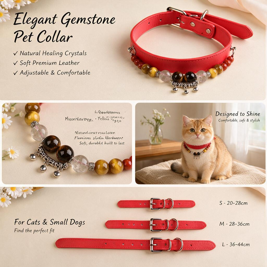 Handmade Natural Crystal Leather Pet Collar for Cats & Dogs | Durable & Stylish Inlaid Genuine Crystal, Calms Anxious Pets & Creates Peaceful Mood, Unique Gift for Small & Medium Sized Dogs and Cats