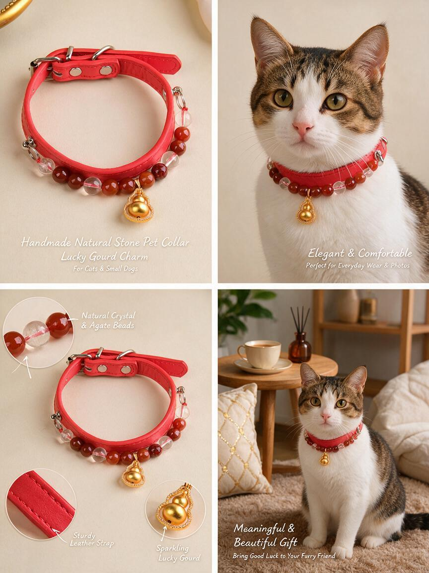 Handmade Natural Crystal Leather Pet Collar for Cats & Dogs | Durable & Stylish Inlaid Genuine Crystal, Calms Anxious Pets & Creates Peaceful Mood, Unique Gift for Small & Medium Sized Dogs and Cats