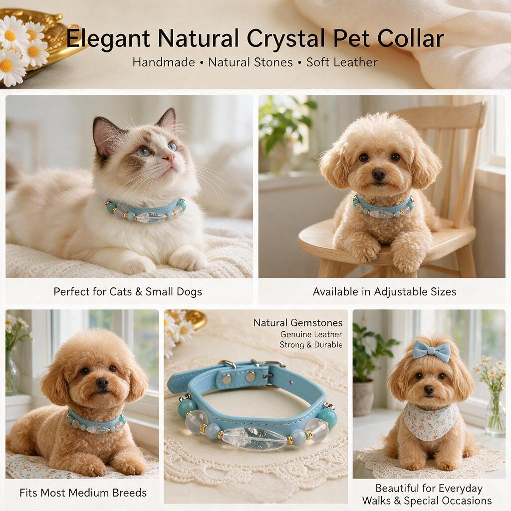 Handmade Natural Crystal Leather Pet Collar for Cats & Dogs | Durable & Stylish Inlaid Genuine Crystal, Calms Anxious Pets & Creates Peaceful Mood, Unique Gift for Small & Medium Sized Dogs and Cats