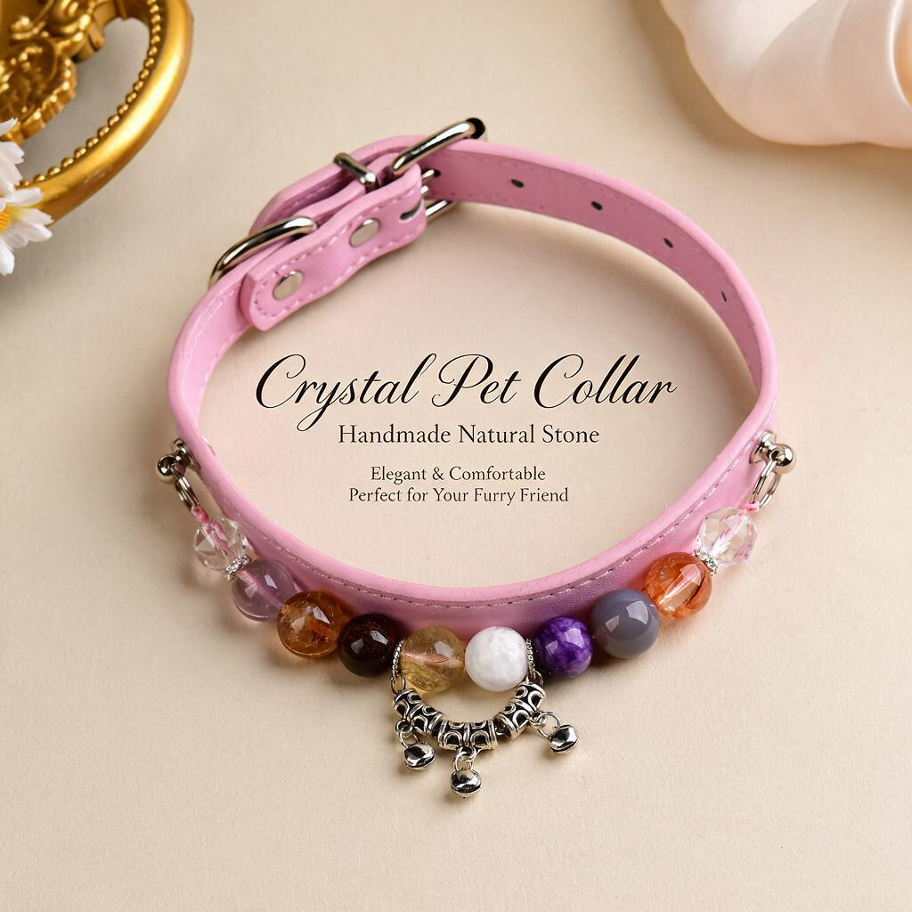 Handmade Natural Crystal Leather Pet Collar for Cats & Dogs | Durable & Stylish Inlaid Genuine Crystal, Calms Anxious Pets & Creates Peaceful Mood, Unique Gift for Small & Medium Sized Dogs and Cats