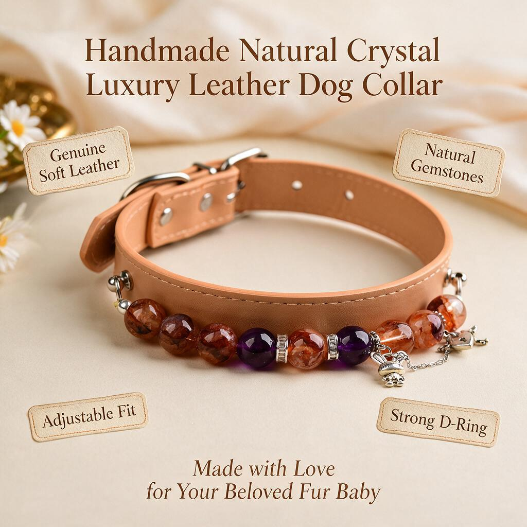 Handmade Natural Crystal Leather Pet Collar for Cats & Dogs | Durable & Stylish Inlaid Genuine Crystal, Calms Anxious Pets & Creates Peaceful Mood, Unique Gift for Small & Medium Sized Dogs and Cats