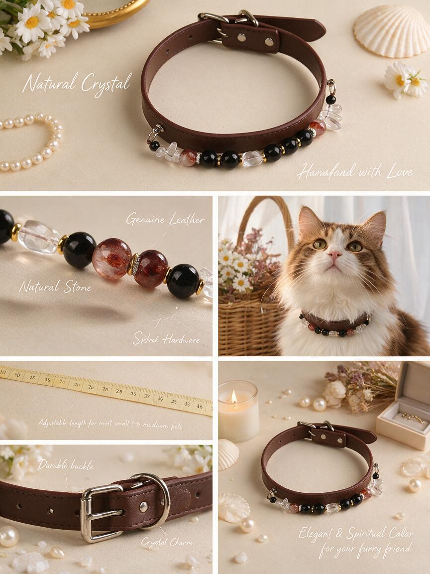 Handmade Natural Crystal Leather Pet Collar for Cats & Dogs | Durable & Stylish Inlaid Genuine Crystal, Calms Anxious Pets & Creates Peaceful Mood, Unique Gift for Small & Medium Sized Dogs and Cats