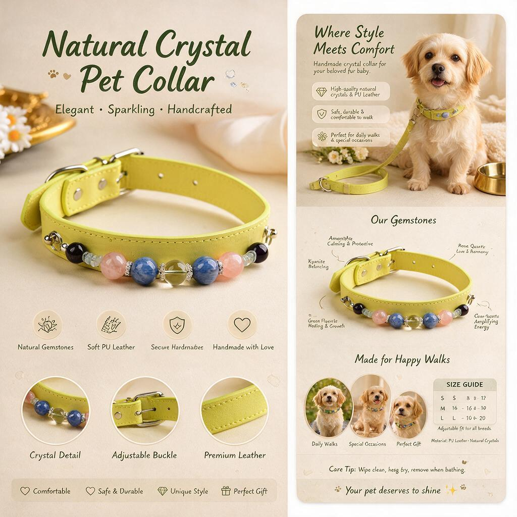 Handmade Natural Crystal Leather Pet Collar for Cats & Dogs | Durable & Stylish Inlaid Genuine Crystal, Calms Anxious Pets & Creates Peaceful Mood, Unique Gift for Small & Medium Sized Dogs and Cats