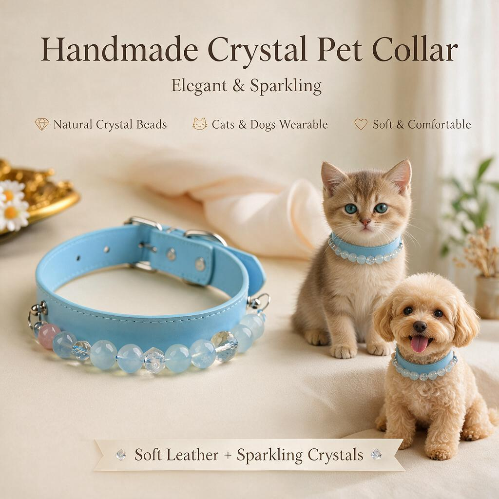 Handmade Natural Crystal Leather Pet Collar for Cats & Dogs | Durable & Stylish Inlaid Genuine Crystal, Calms Anxious Pets & Creates Peaceful Mood, Unique Gift for Small & Medium Sized Dogs and Cats