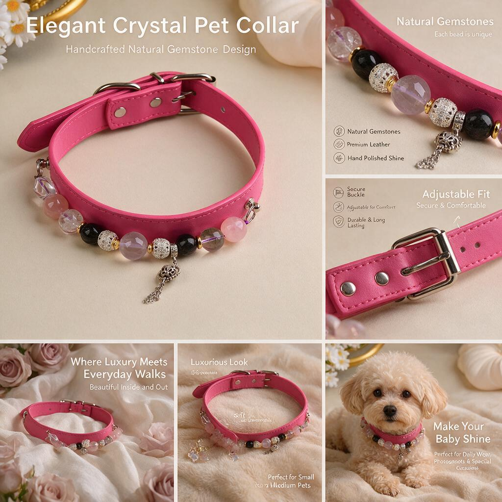 Handmade Natural Crystal Leather Pet Collar for Cats & Dogs | Durable & Stylish Inlaid Genuine Crystal, Calms Anxious Pets & Creates Peaceful Mood, Unique Gift for Small & Medium Sized Dogs and Cats