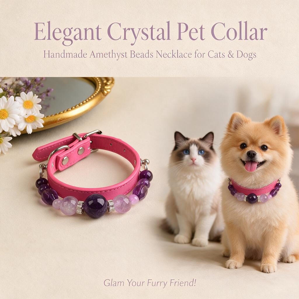 Handmade Natural Crystal Leather Pet Collar for Cats & Dogs | Durable & Stylish Inlaid Genuine Crystal, Calms Anxious Pets & Creates Peaceful Mood, Unique Gift for Small & Medium Sized Dogs and Cats