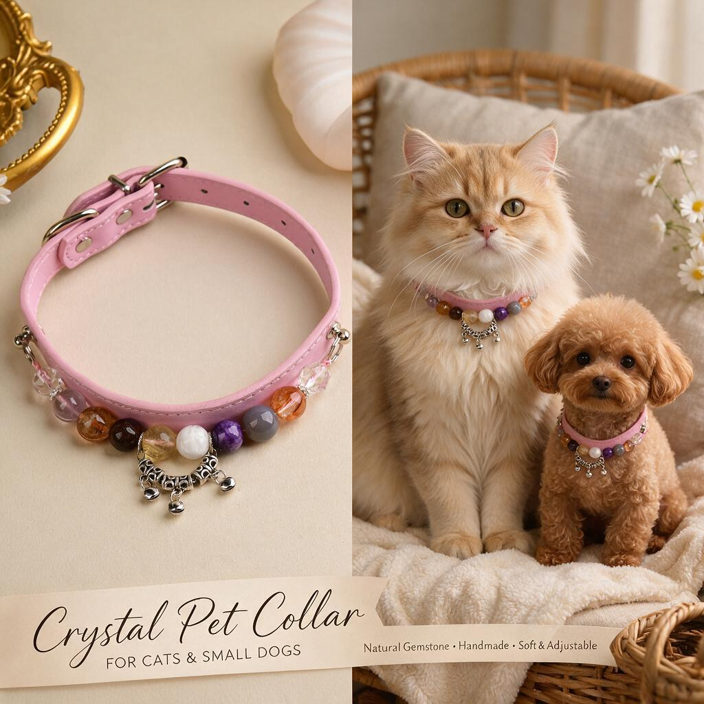 Handmade Natural Crystal Leather Pet Collar for Cats & Dogs | Durable & Stylish Inlaid Genuine Crystal, Calms Anxious Pets & Creates Peaceful Mood, Unique Gift for Small & Medium Sized Dogs and Cats