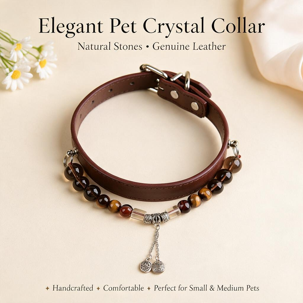 Handmade Natural Crystal Leather Pet Collar for Cats & Dogs | Durable & Stylish Inlaid Genuine Crystal, Calms Anxious Pets & Creates Peaceful Mood, Unique Gift for Small & Medium Sized Dogs and Cats