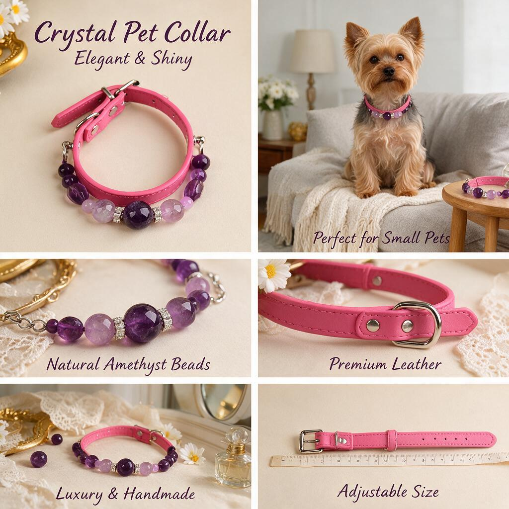 Handmade Natural Crystal Leather Pet Collar for Cats & Dogs | Durable & Stylish Inlaid Genuine Crystal, Calms Anxious Pets & Creates Peaceful Mood, Unique Gift for Small & Medium Sized Dogs and Cats