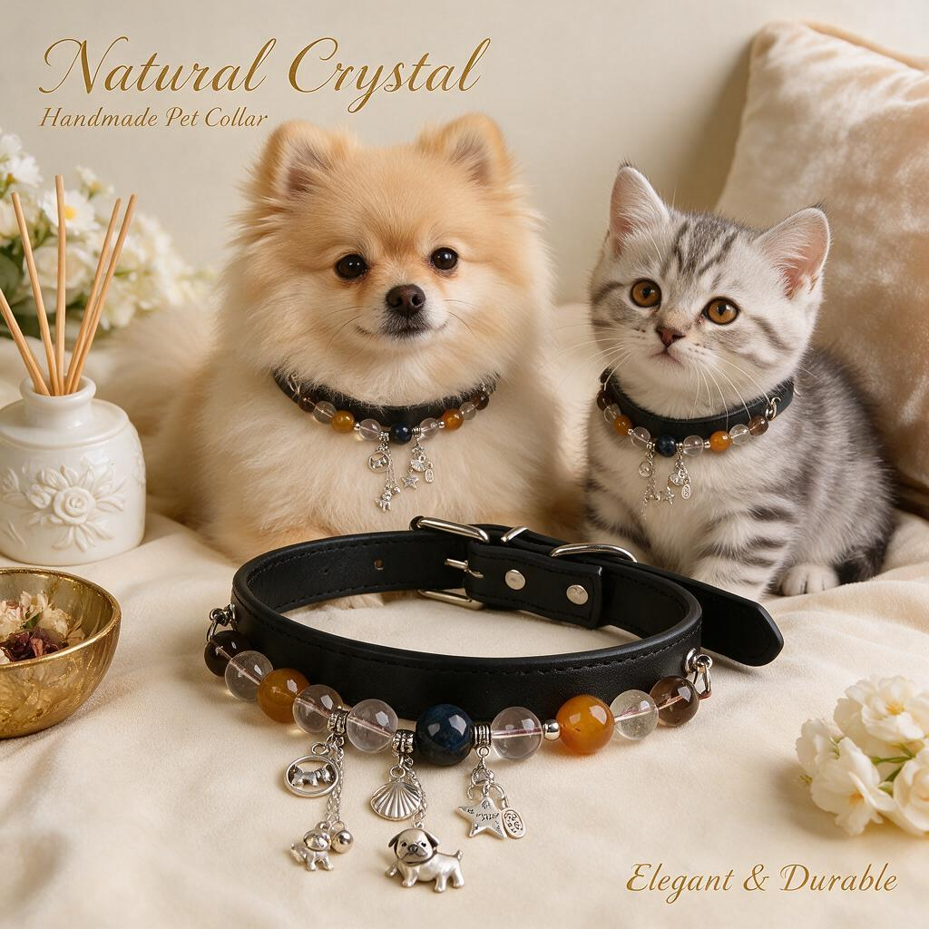 Handmade Natural Crystal Leather Pet Collar for Cats & Dogs | Durable & Stylish Inlaid Genuine Crystal, Calms Anxious Pets & Creates Peaceful Mood, Unique Gift for Small & Medium Sized Dogs and Cats