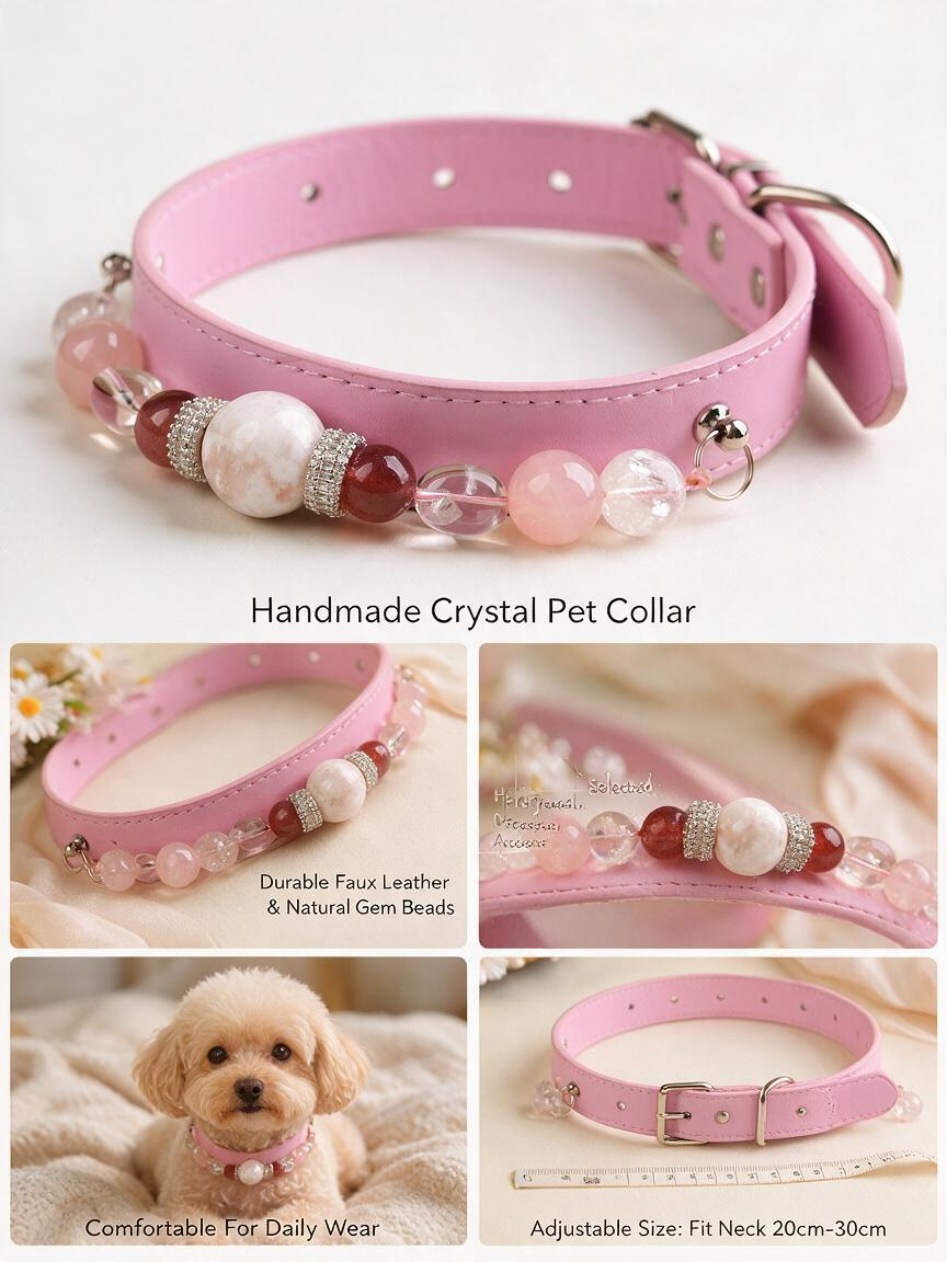 Handmade Natural Crystal Leather Pet Collar for Cats & Dogs | Durable & Stylish Inlaid Genuine Crystal, Calms Anxious Pets & Creates Peaceful Mood, Unique Gift for Small & Medium Sized Dogs and Cats