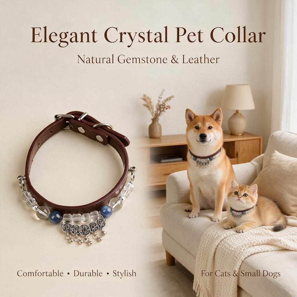 Handmade Natural Crystal Leather Pet Collar for Cats & Dogs | Durable & Stylish Inlaid Genuine Crystal, Calms Anxious Pets & Creates Peaceful Mood, Unique Gift for Small & Medium Sized Dogs and Cats