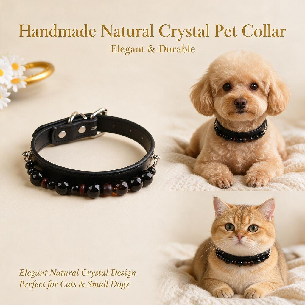 Handmade Natural Crystal Leather Pet Collar for Cats & Dogs | Durable & Stylish Inlaid Genuine Crystal, Calms Anxious Pets & Creates Peaceful Mood, Unique Gift for Small & Medium Sized Dogs and Cats