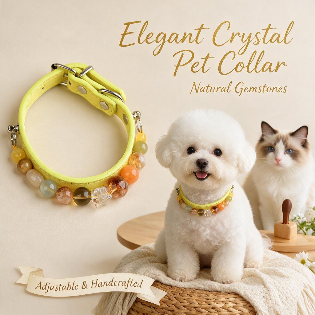 Handmade Natural Crystal Leather Pet Collar for Cats & Dogs | Durable & Stylish Inlaid Genuine Crystal, Calms Anxious Pets & Creates Peaceful Mood, Unique Gift for Small & Medium Sized Dogs and Cats